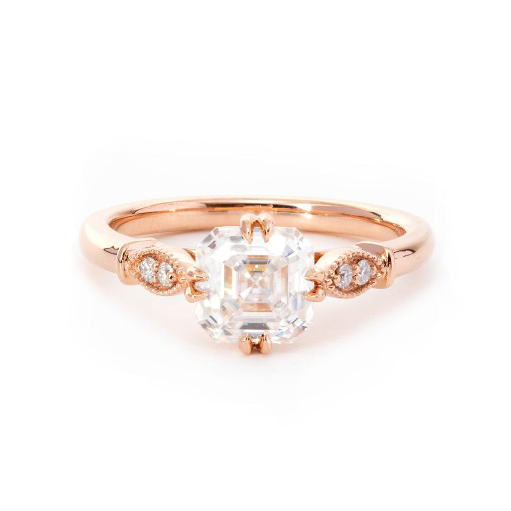 14K Rose Gold Asscher Cut Moissanite Double Prong Side Stone Wedding Ring (Ring Setting Only)| Fiorese Jewelry