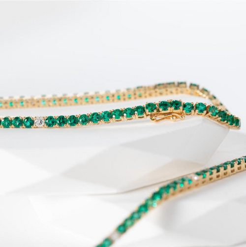 Zambian Emerald & Round Brilliant Cut Diamond Tennis Bracelet
