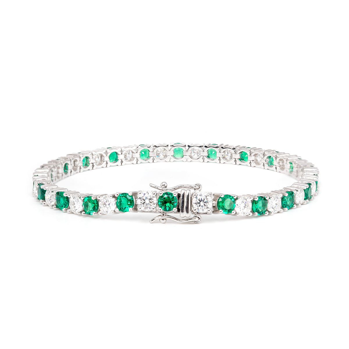 14K White Gold Round Colombian Emerald & Round Brilliant Cut Lab Diamond Tennis Bracelet
