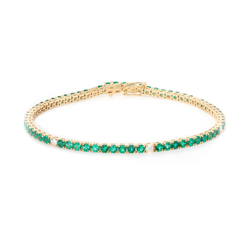 14K Yellow Gold Round Zambian Emerald & Round Brilliant Cut Lab Diamond Tennis Bracelet