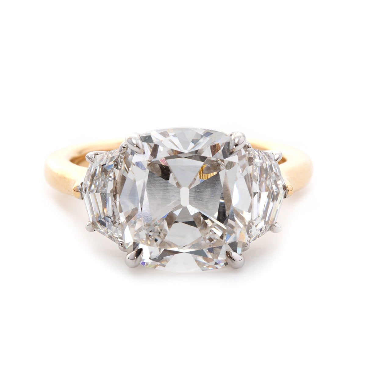 18K Yellow Gold & Platinum 4.68ct Old Mine Cut Lab Diamond & Step cut Eldorado Three-stone Engagement Ring
