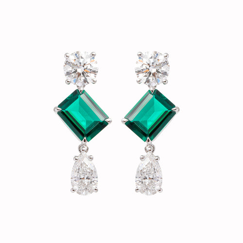 Platinum Round & Pear Lab Diamond Zambian Emerald Stud Earrings