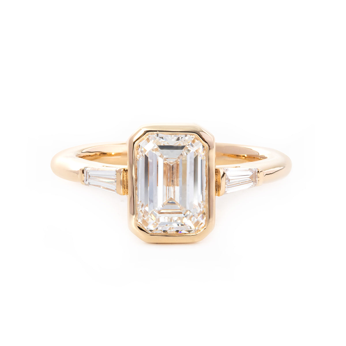 14K Yellow Gold Emerald Cut Lab Diamond Elongated Trapeze Cut Three-stone Bezel Engagement Ring