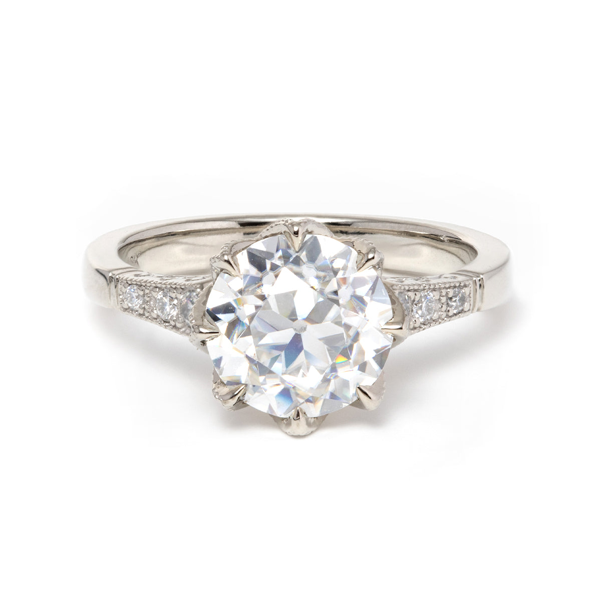 14K White Gold OEC Moissanite Statement Vintage Engagement Ring