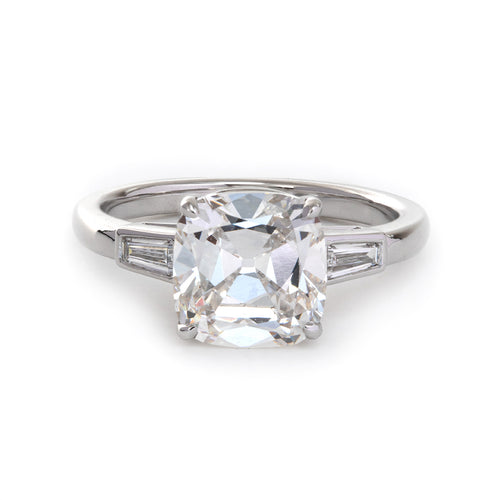 14K White Gold Old Mine Cut Lab Diamond & Tapered Baguette Three-stone Engagement Ring