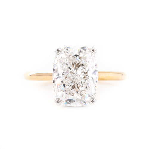 18k Yellow Gold & White Gold 6 Carats Elongated Cushion Cut Lab Diamond Double Prong Hidden Halo Ring