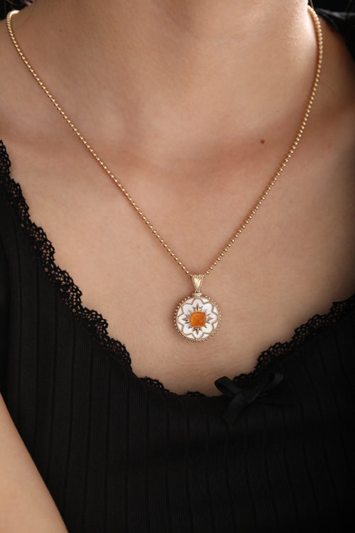 14K Yellow Gold 2ct Natural Garnet & Round Lab Diamond & White Mother of Pearl Pendant Necklace