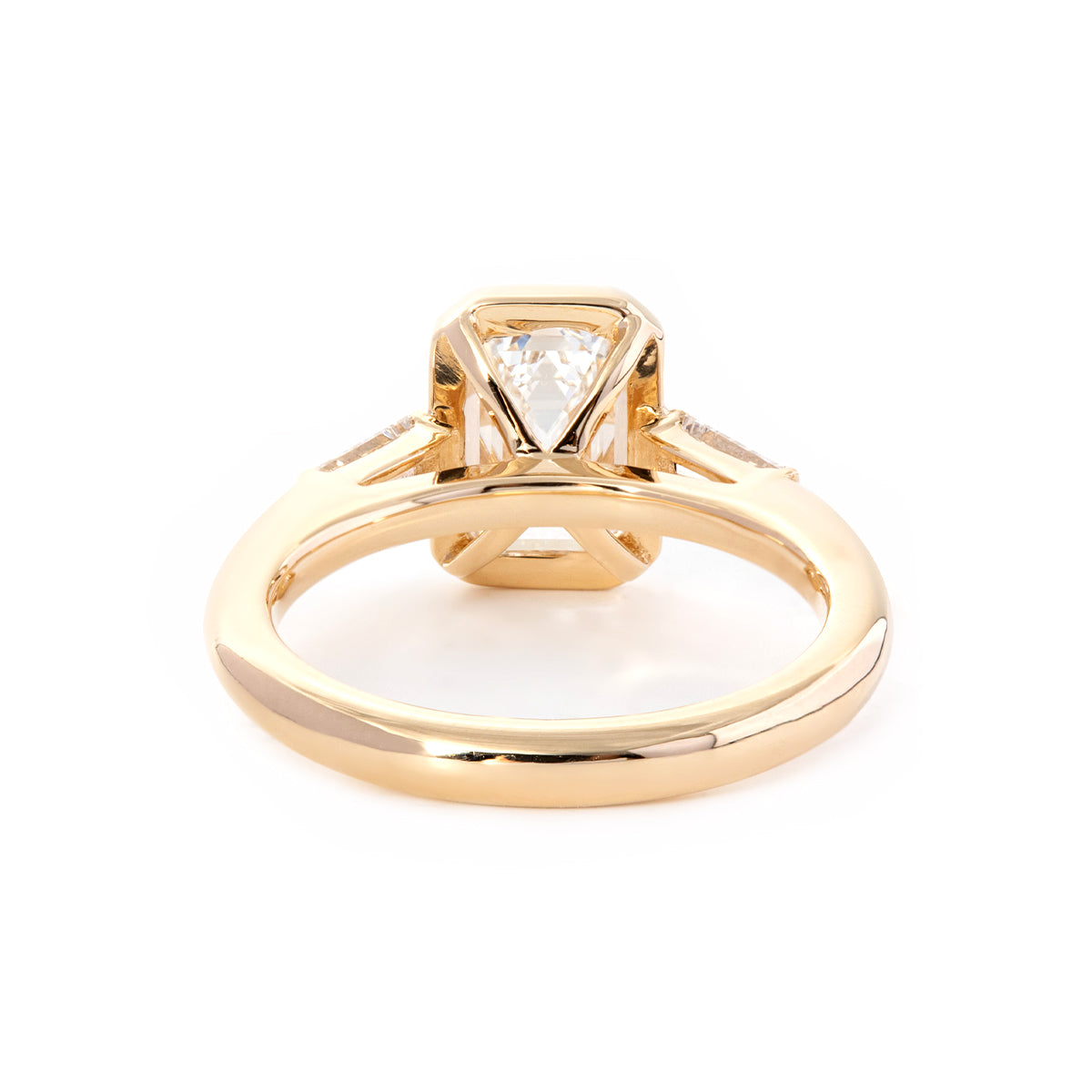 14K Yellow Gold Emerald Cut Lab Diamond Elongated Trapeze Cut Three-stone Bezel Engagement Ring