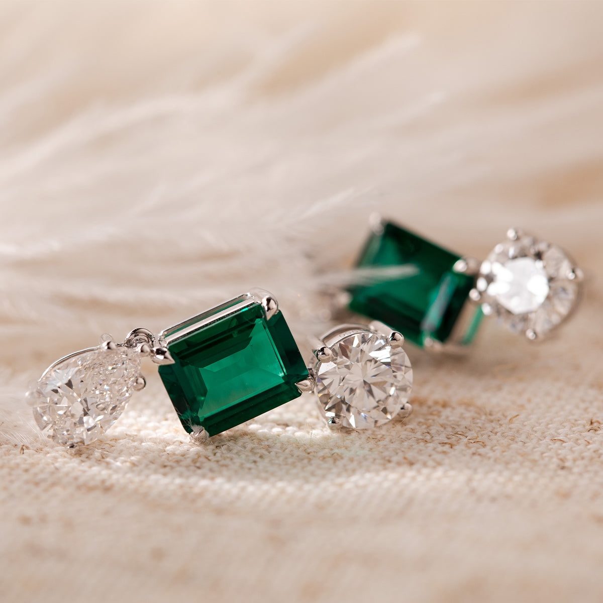Platinum Round & Pear Lab Diamond Zambian Emerald Stud Earrings