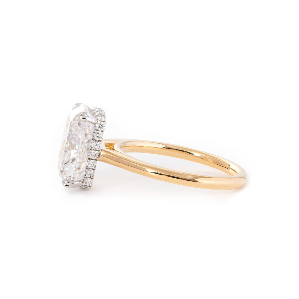 18k Yellow Gold & White Gold 6 Carats Elongated Cushion Cut Lab Diamond Double Prong Hidden Halo Ring