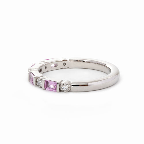 3*2mm Baguette Cut Pink Sapphire & Round Diamond Half Eternity Ring