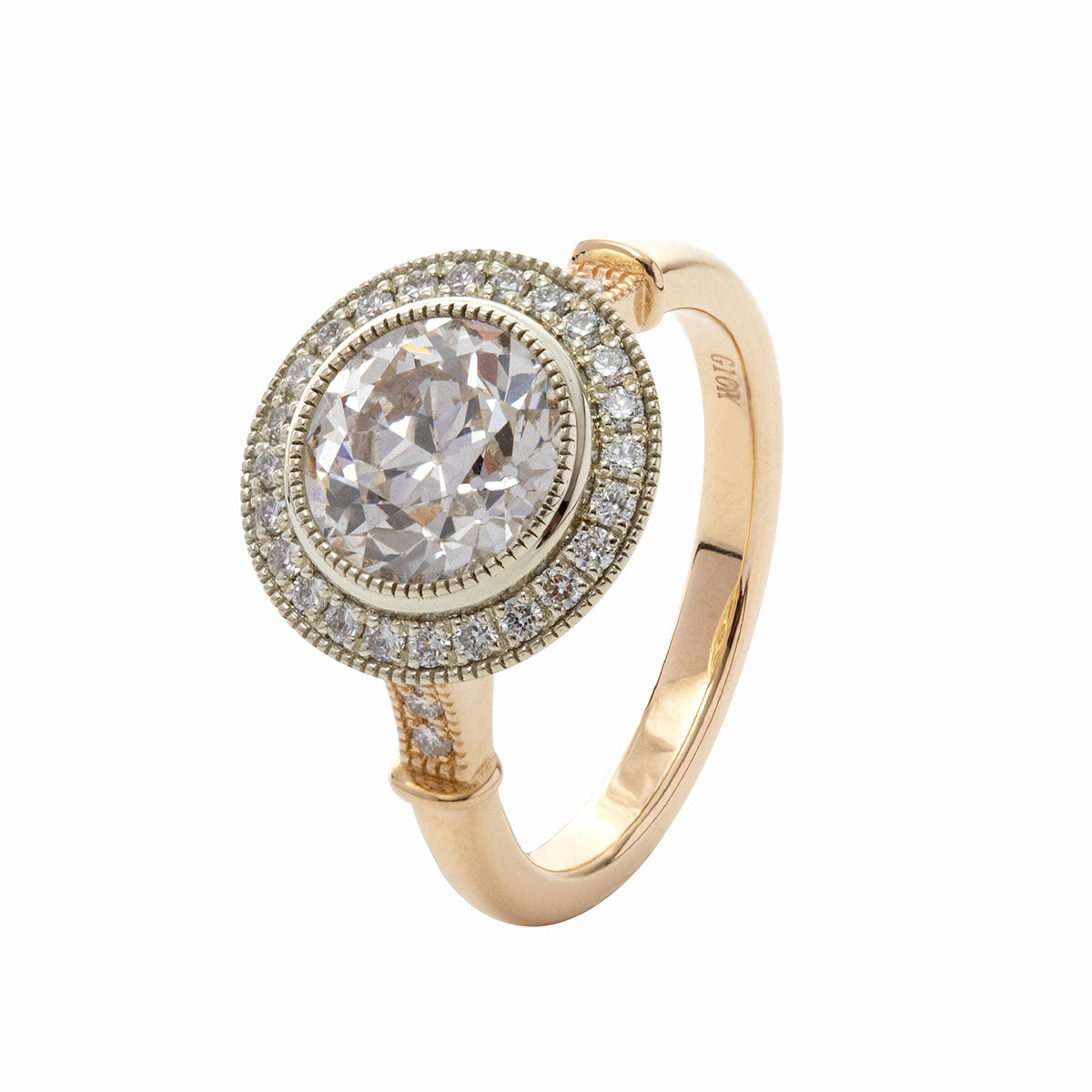 14K Yellow & White Gold Old European Cut Lab Diamond Halo Side-stone Engagement Ring