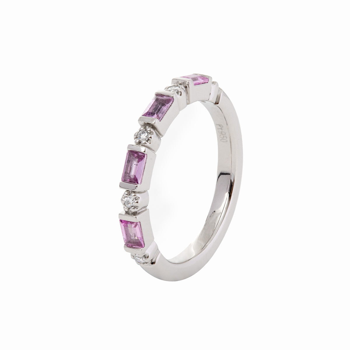 3*2mm Baguette Cut Pink Sapphire & Round Diamond Half Eternity Ring