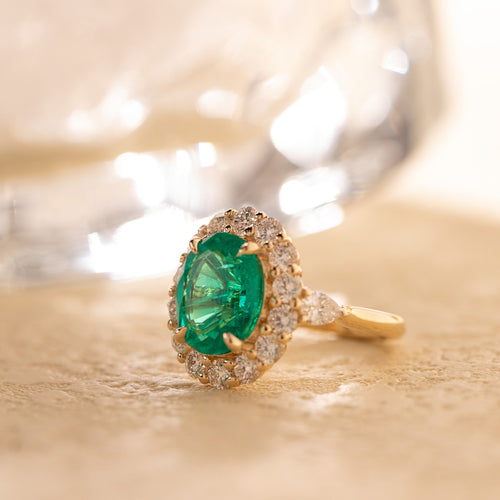 Oval Colombian Emerald Halo OEC Diamond & Pear Cut Side-stone Ring