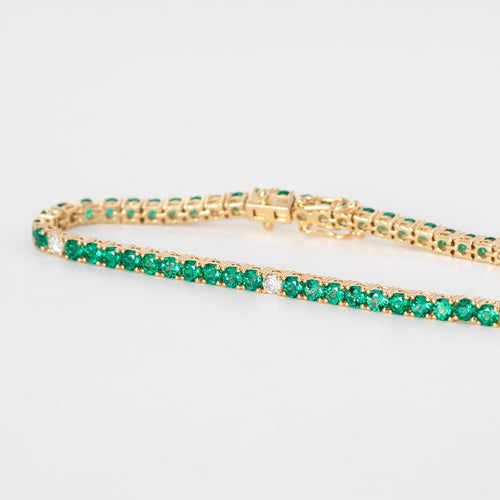 14K Yellow Gold Round Zambian Emerald & Round Brilliant Cut Lab Diamond Tennis Bracelet