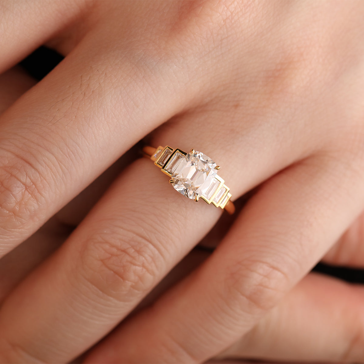 18k Yellow Gold Old Mine Cut Lab Diamond Emerald Cut & Round Cut Side Stone Engagement Ring
