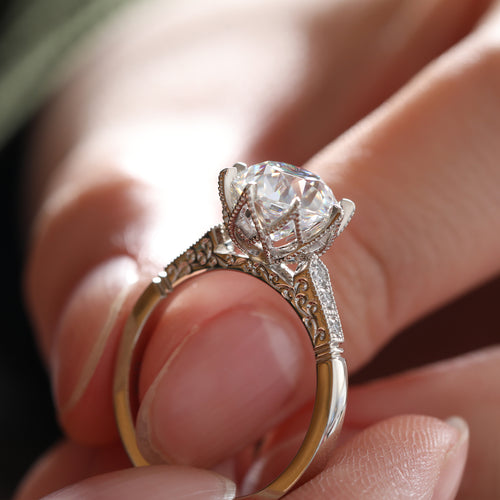 14K White Gold OEC Moissanite Statement Vintage Engagement Ring